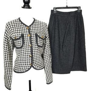 Vintage Carlisle Gray Houndstooth Sweater Jacket and Skirt Set Size 10 Medium